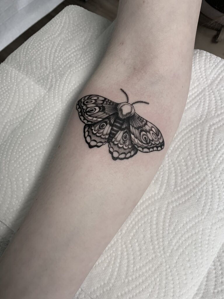 Tatuaje de mariposa en blanco y negro con línea fina realizado en estudio de tatuajes en Estepona.